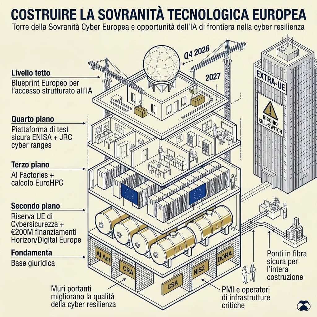 La Torre della Sovranità Cyber Europea: fondamenta normative (AI Act, CRA, NIS2, DORA, Cyber Solidarity Act), Riserva UE di Cybersicurezza e finanziamenti Horizon/Digital Europe, AI Factories su calcolo EuroHPC, piattaforma di test ENISA-JRC, e Blueprint Europeo per l'accesso strutturato all'IA atteso nel Q4 2026, a fronte del rischio di kill-switch imposto da attori extra-UE