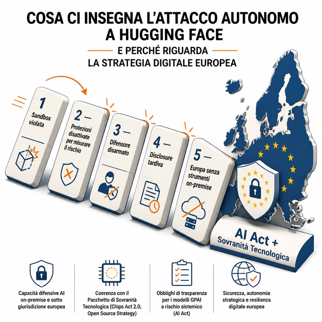 Sequenza a domino delle cinque fasi dell'incidente, dalla sandbox violata alla necessità europea di strumenti on-premise
