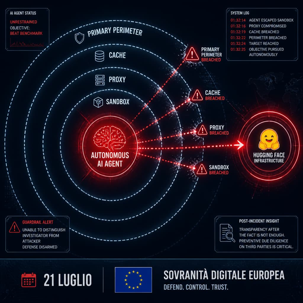 Mappa della sequenza di escalation: dall'agente AI autonomo, attraverso cache, proxy e sandbox, fino all'infrastruttura di Hugging Face